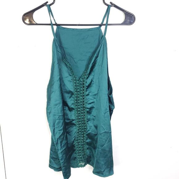 Womens Top V Neck Silky Satin Emerald Delicate Cutout Front Split Seam Tank - Picture 1 of 8